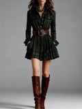 Women's plaid long sleeve mini dress with belt from FitiqueFit, featuring an elegant, casual plaid design and a comfortable fit.