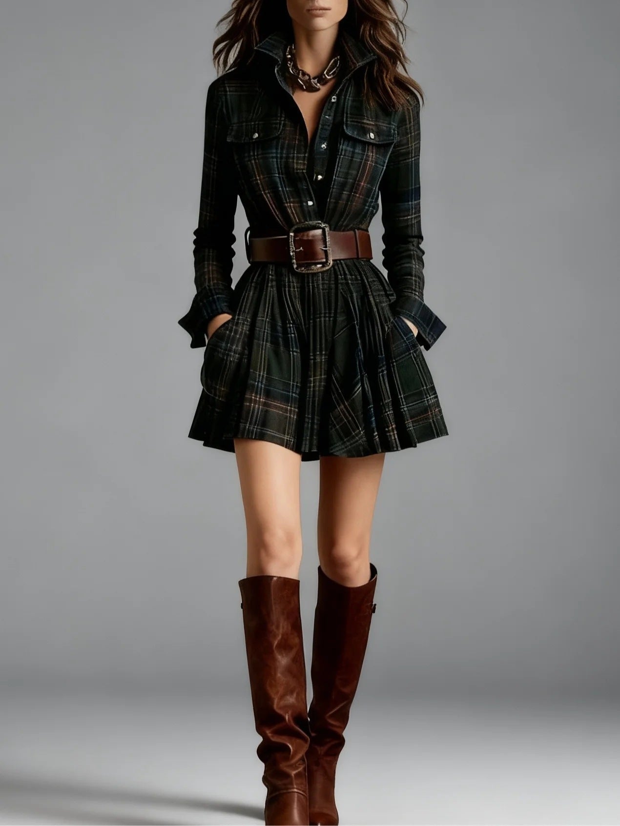 Women's plaid long sleeve mini dress with belt from FitiqueFit, featuring an elegant, casual plaid design and a comfortable fit.