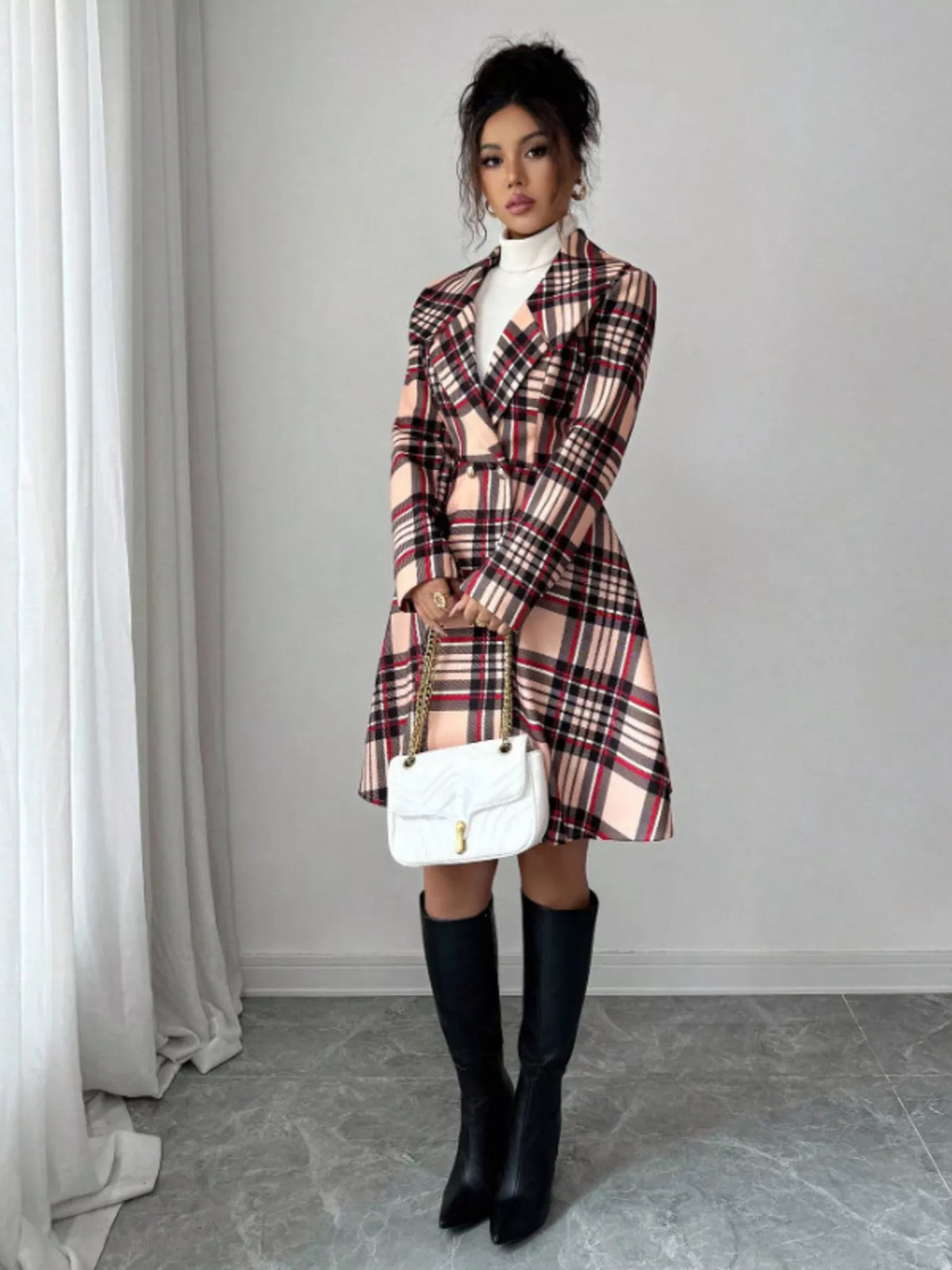 Simply Love plaid button-up long sleeve coat with a classic plaid pattern and front buttons, ideal for stylish winter wear.
