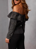 Women's off-shoulder ruffled denim blouse by Trendsi, soft casual blue denim top with feminine ruffle details and relaxed fit.