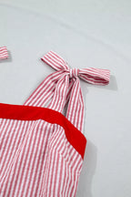 Stripe Bow Knot Straps Contrast Trim High Waist Ruffle Hem Maxi Dress