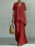 Plus size Shopimist V-neck top and wide-leg pants set, stylish two-piece outfit, shown in a full-size, comfortable fit.