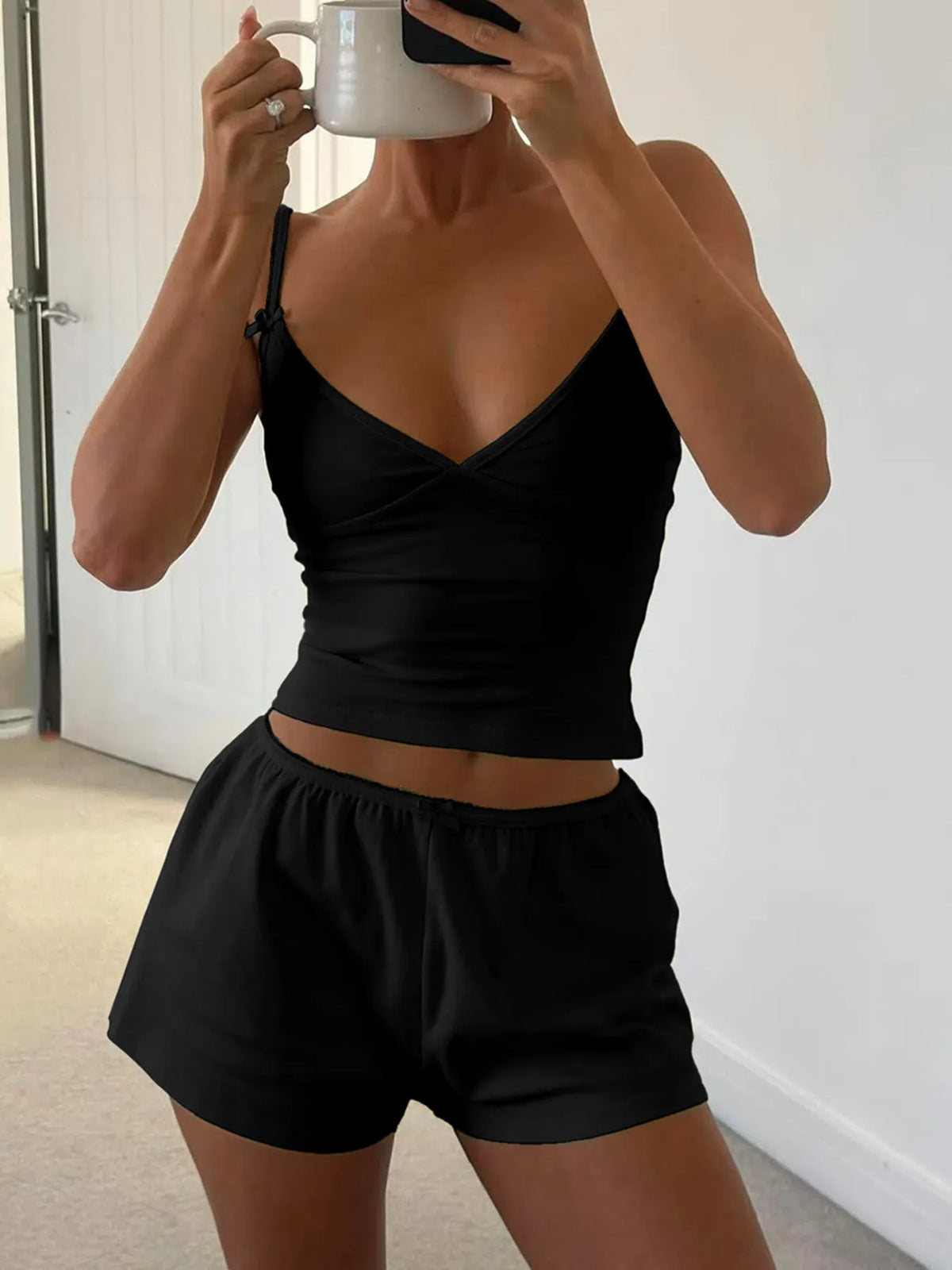 Plush Fashion Hub plush V-neck active cami and matching shorts set, soft fabric, perfect for workout or casual wear.