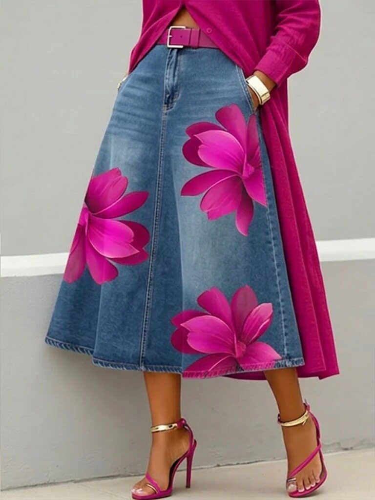 Women's floral print A-line midi skirt in denim-style fabric with boho design, by Plush Fashion Hub.