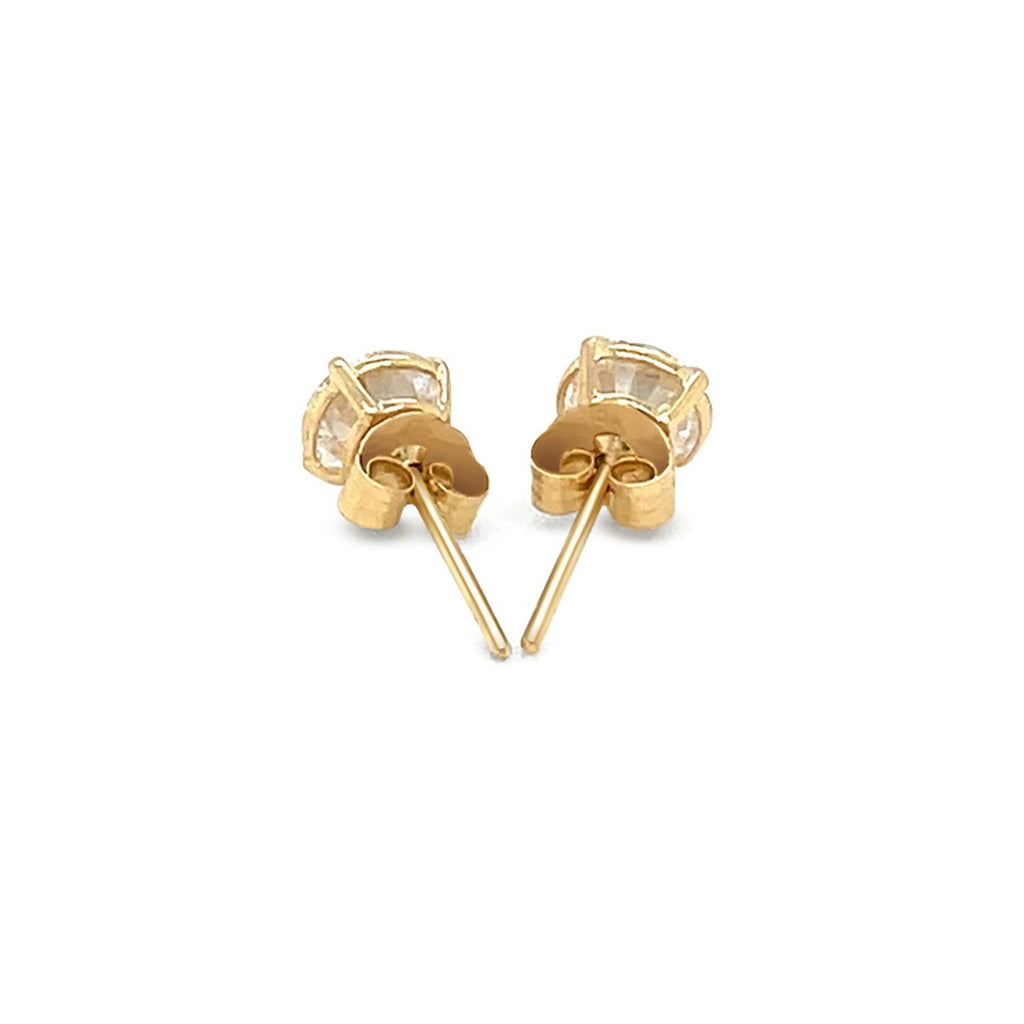 14k yellow gold stud earrings with white faceted cubic zirconia, showcasing elegant jewelry design.