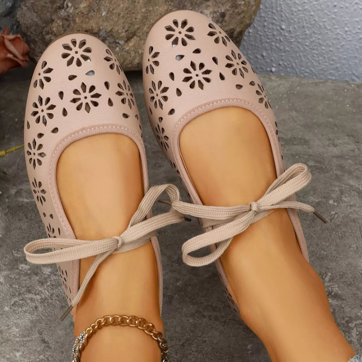 Floral cutout tied slip-on sandals by Plush Fashion Hub featuring open-toe design and casual summer style.