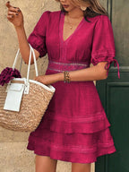 Shopimist lace detail v-neck mini dress featuring elegant lace accents and a flattering V-neckline, perfect for stylish occasions.