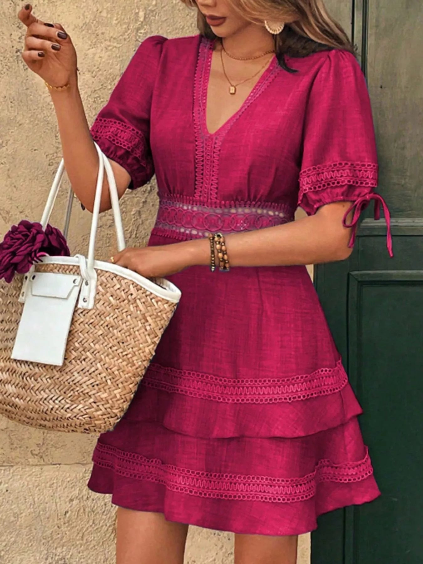 Shopimist lace detail v-neck mini dress featuring elegant lace accents and a flattering V-neckline, perfect for stylish occasions.