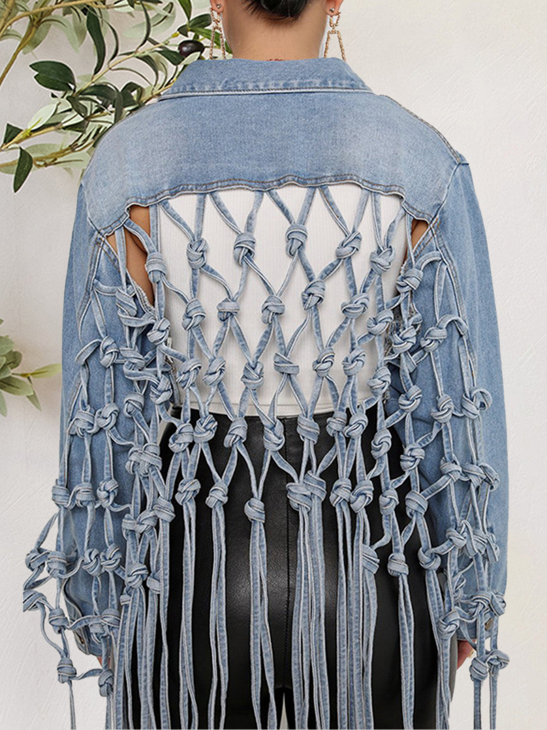 Blue denim jacket with tie detail and front pockets from Plush Fashion Hub, stylish button-up design for casual wear.