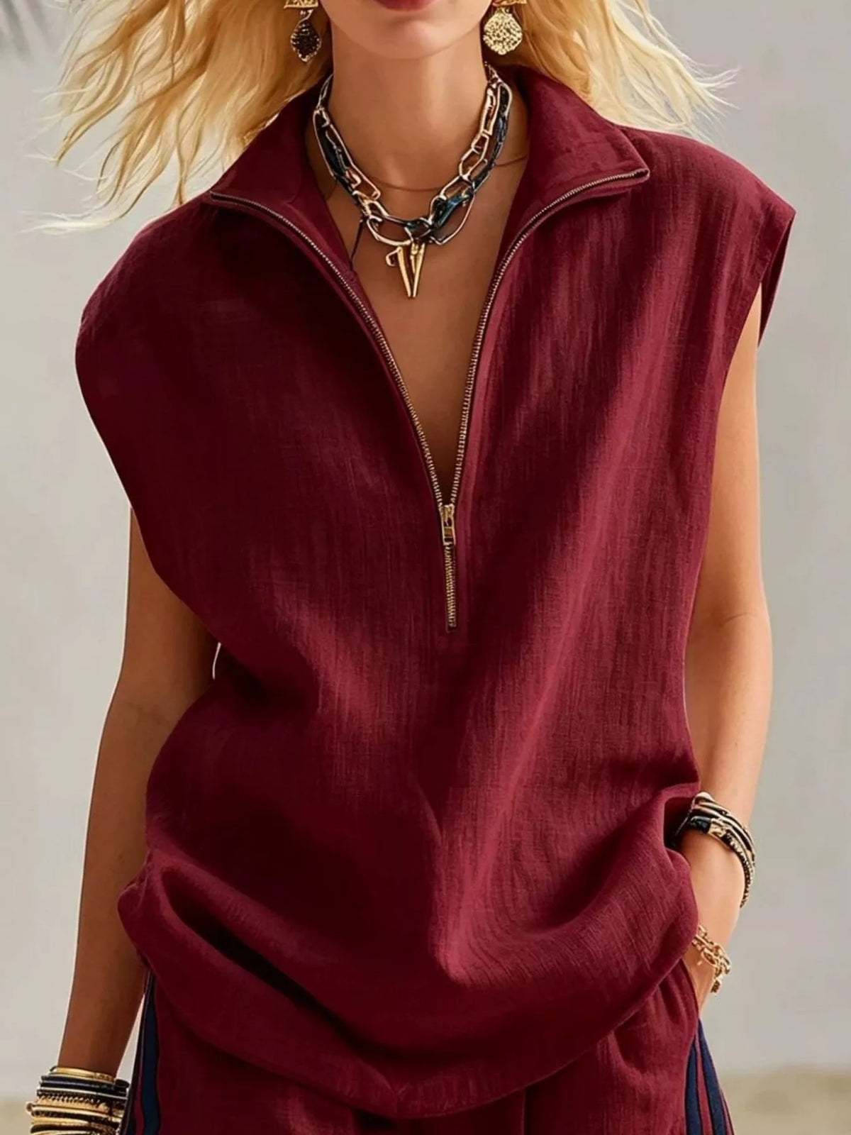 Plus size sleeveless full zip top and striped shorts set from Plush Fashion Hub, casual two-piece summer outfit.