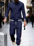 Men's plus size striped snap-down top and pants set by Trendsi, featuring a coordinated full size men's outfit with bold stripe pattern.