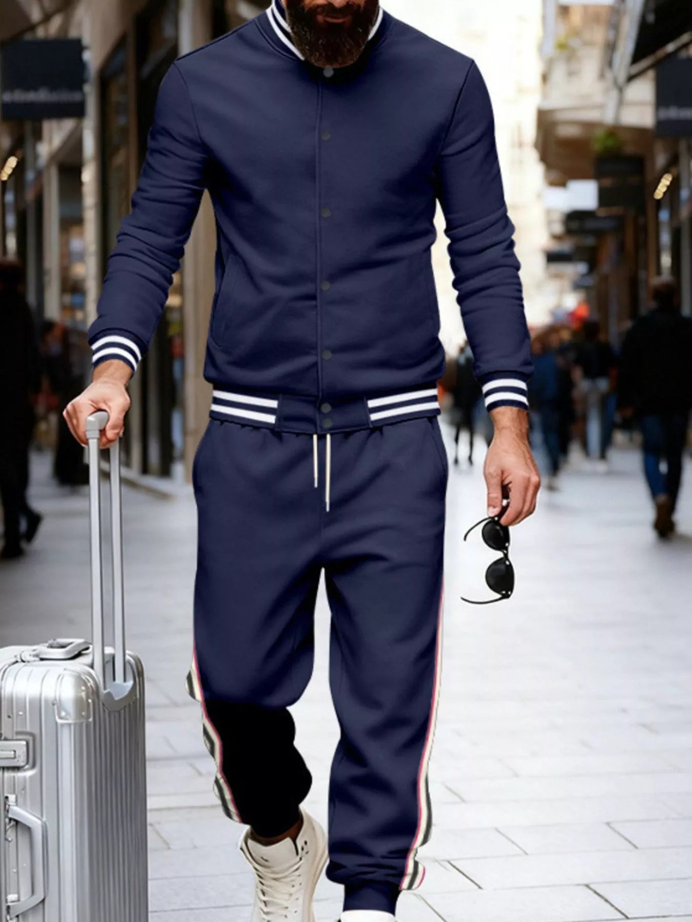 Men's plus size striped snap-down top and pants set by Trendsi, featuring a coordinated full size men's outfit with bold stripe pattern.