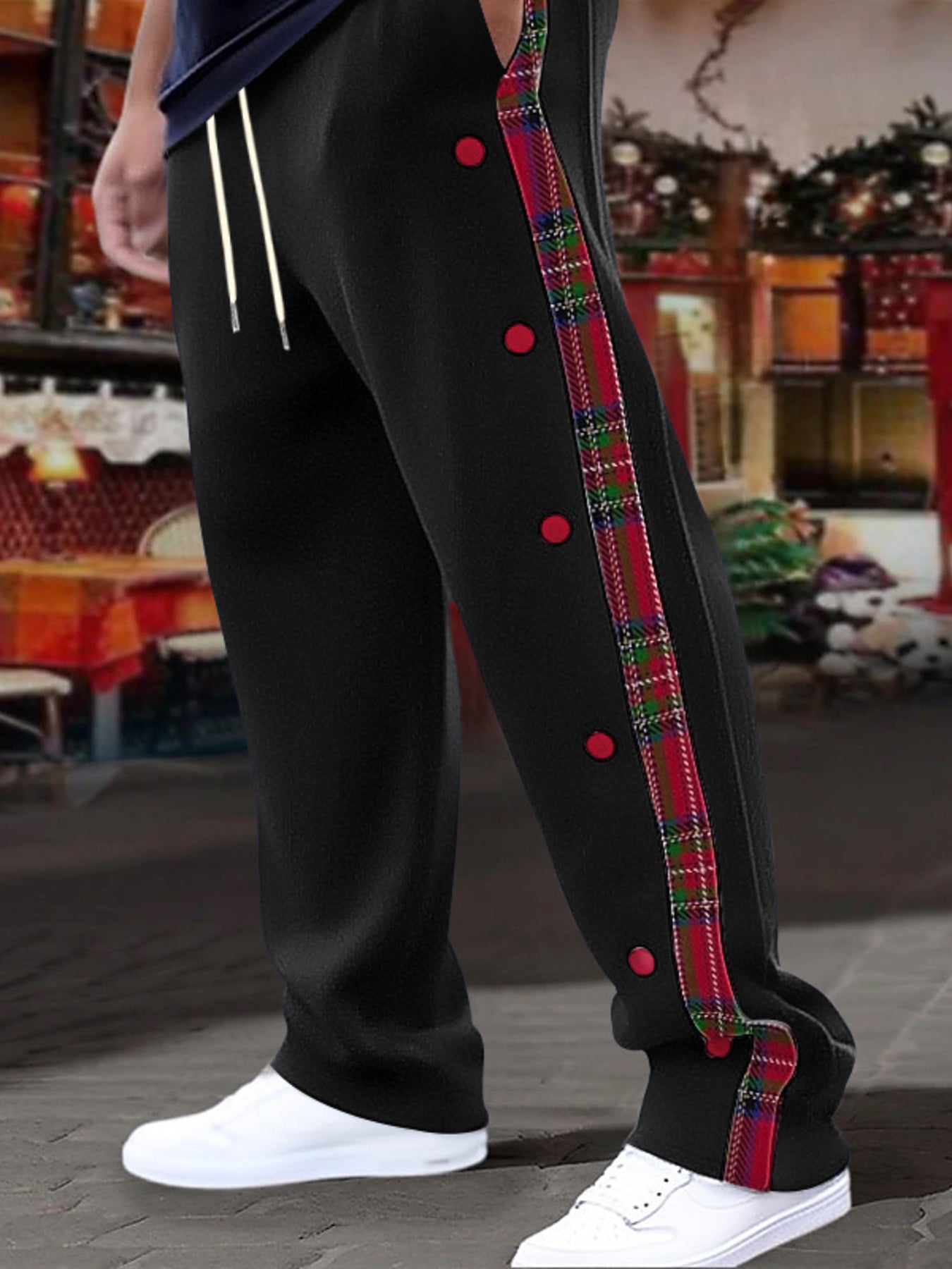 Men's plus size plaid trim track pants with snap-button closure, featuring a full size fit and sporty casual style.