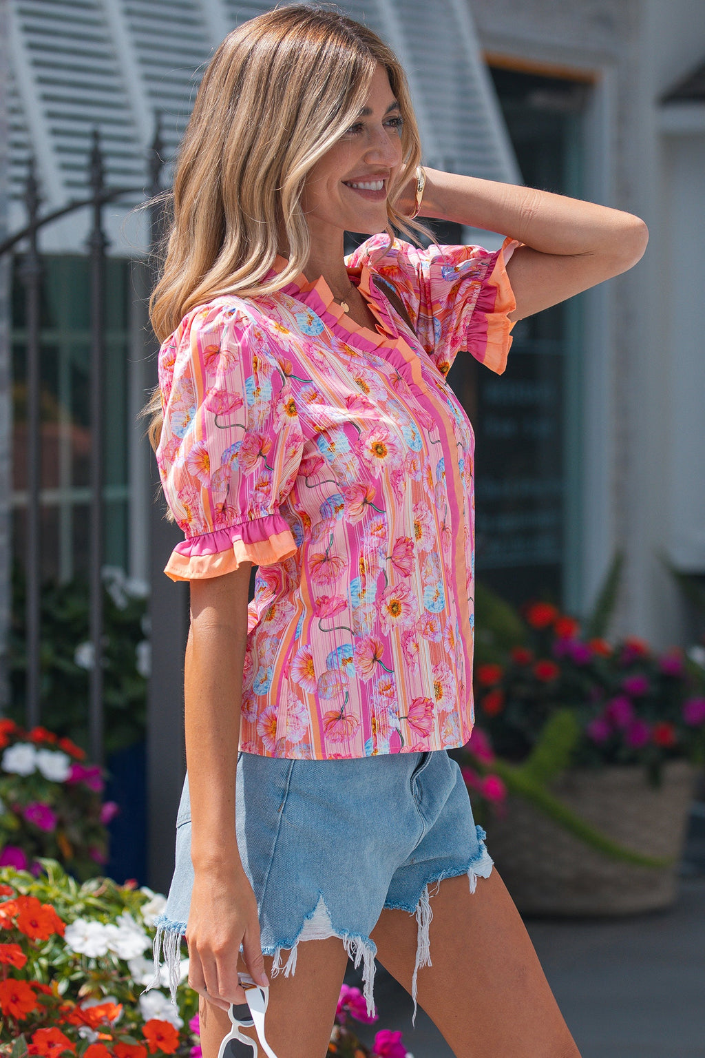 Threaded Pear Danna Trim short sleeve blouse featuring a stylish design and lightweight fabric, perfect for casual or office wear.
