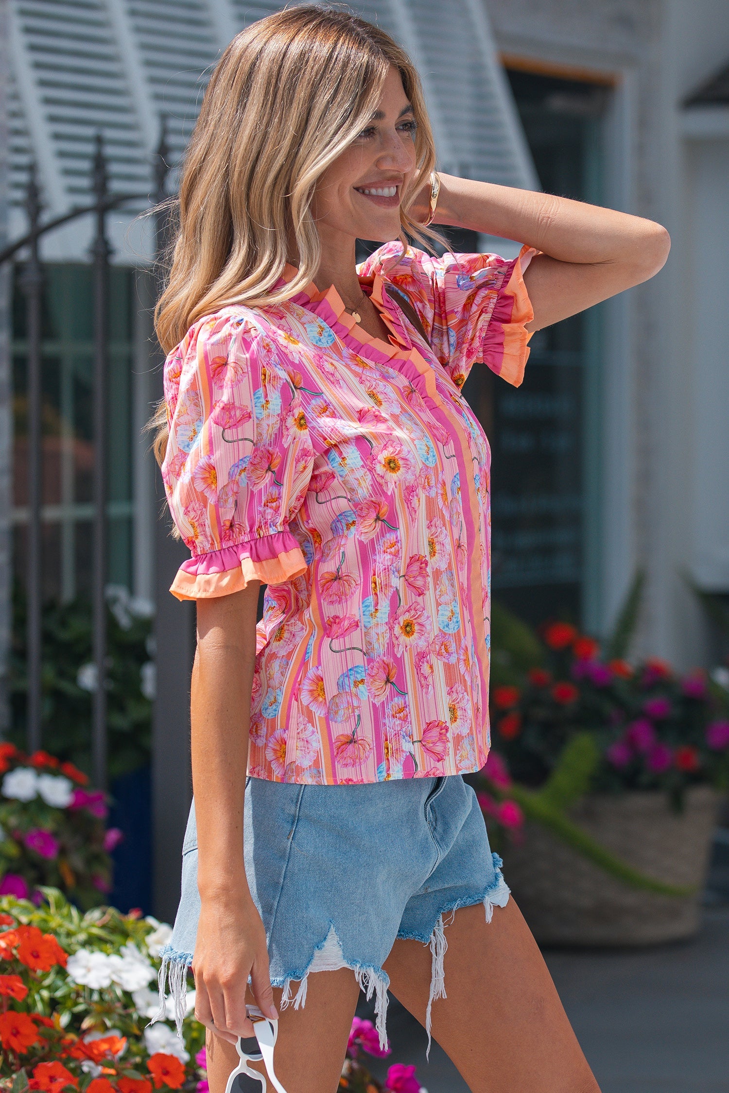 Threaded Pear Danna Trim short sleeve blouse featuring a stylish design and lightweight fabric, perfect for casual or office wear.