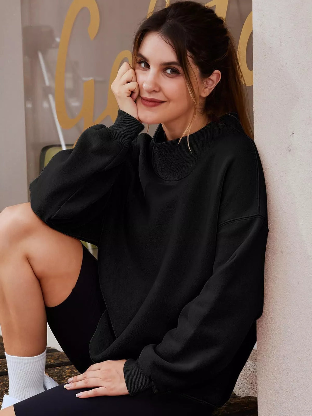 Women's oversized mock neck sweatshirt with dropped shoulders, casual fit, from Trendsi, featuring a cozy pullover style and relaxed silhouette.