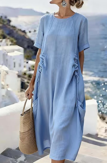 Women's casual cotton linen short-sleeve midi dress by Plush Fashion Hub, featuring a relaxed fit and classic design.