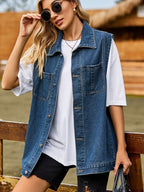 VYSN button down denim vest featuring classic blue denim fabric, collar, and front button closure, casual fashion clothing.