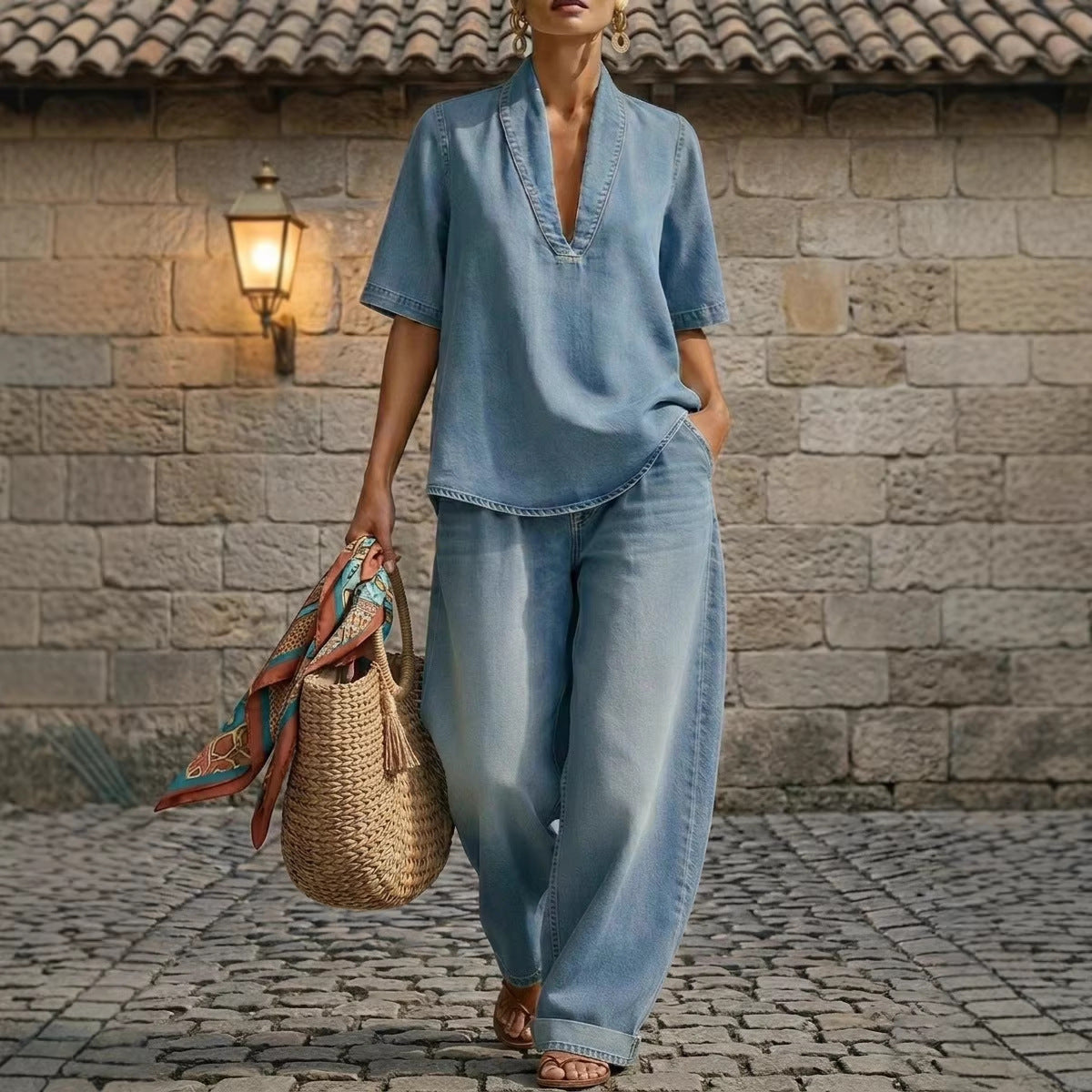 Casual FitiqueFit retro washed denim V-neck top and wide-leg pants set in three colors, available in sizes S to 3XL.