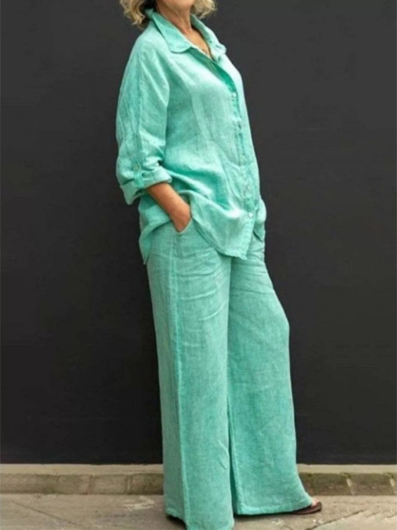 Plus size long sleeve shirt and pants set by Plush Fashion Hub, featuring a comfortable, full-size matching outfit.