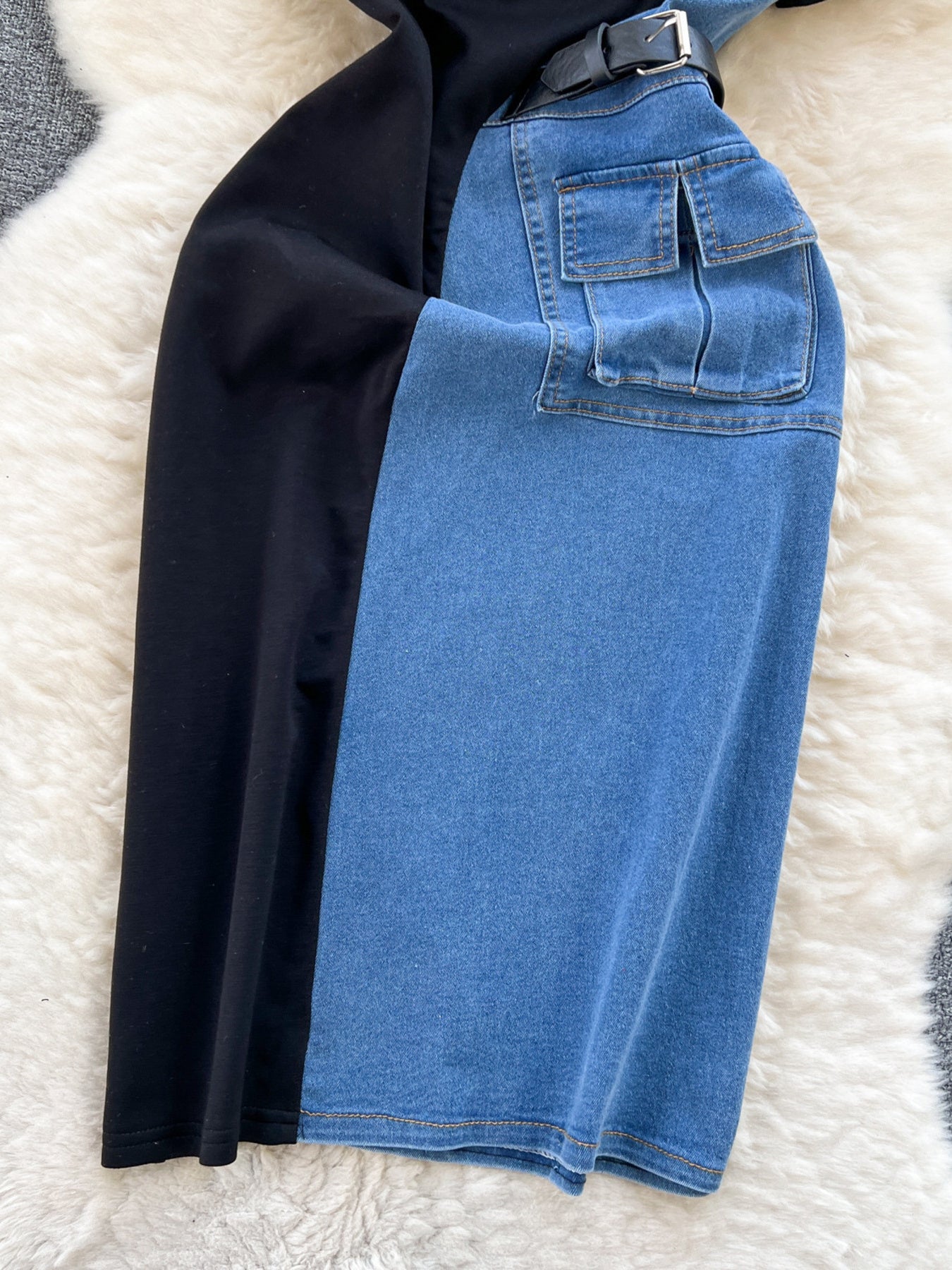 Color block denim patchwork midi dress with front zipper and belt by Trendsi, featuring stylish design and casual chic look.