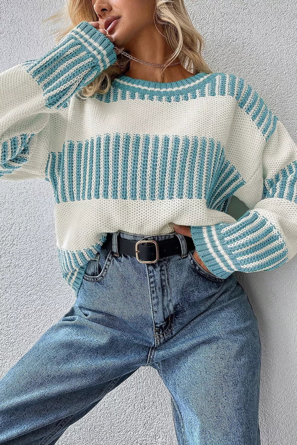 Two-tone striped patchwork drop shoulder loose sweater by Simply Love, showing the colorful, relaxed-fit design and textured fabric.