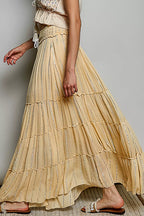 Shopimist POL Shimmer Tiered Reverse Ruffle Maxi Skirt with smocked waist and tiered design, featuring a shimmering shimmer fabric.