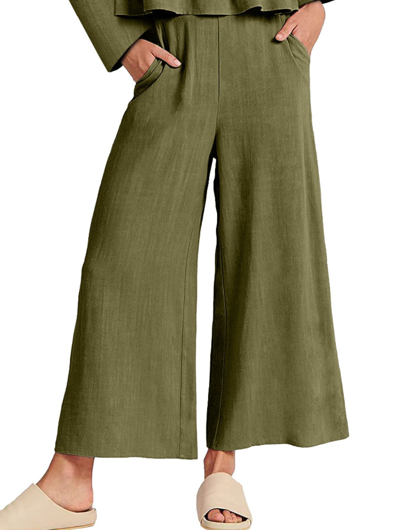 Women's ruffled hem long sleeve top and pants lounge set with pockets, trendy 2-piece set by Trendsi, comfortable and stylish.