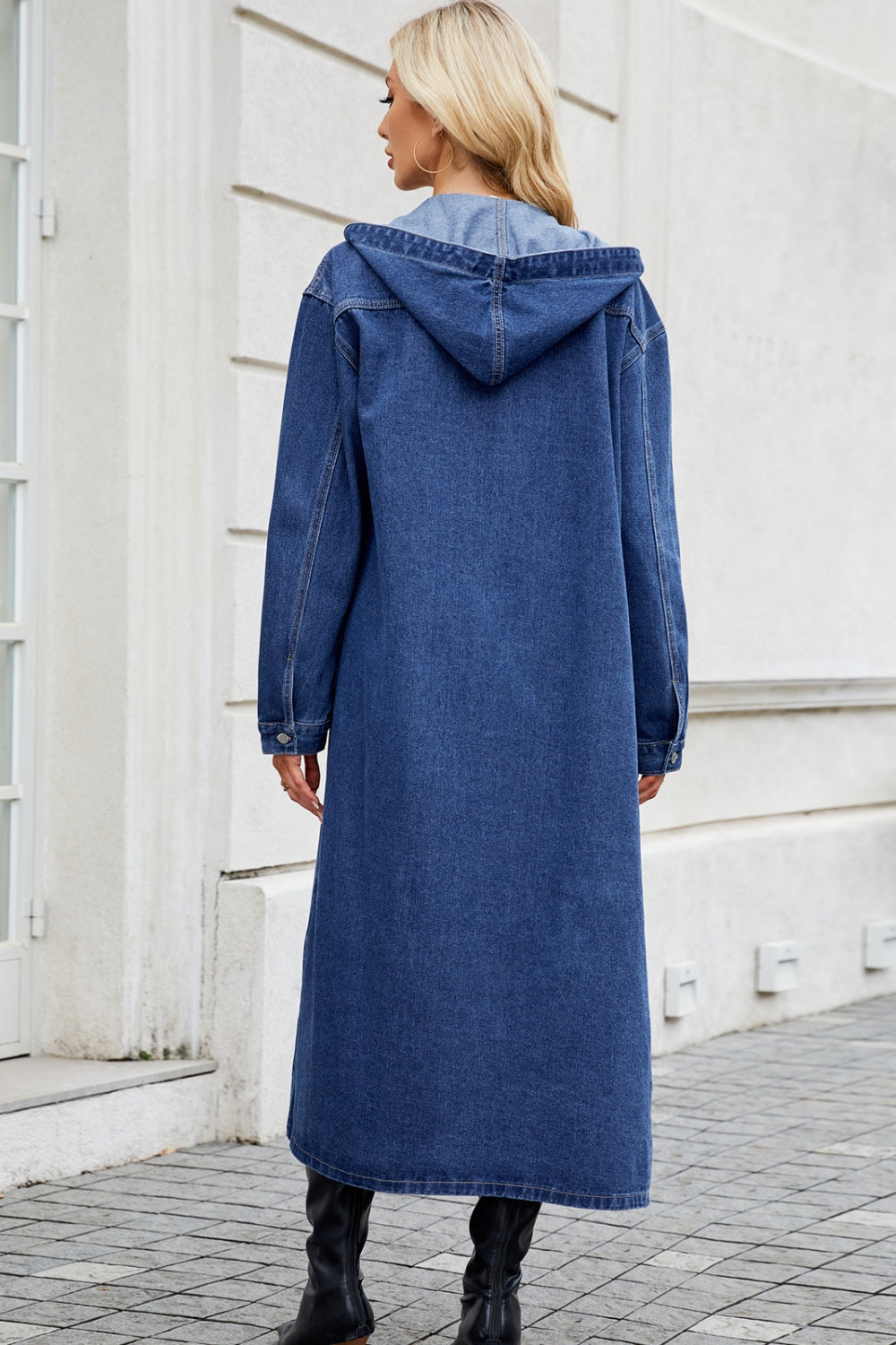 VYSN button-up long sleeve denim outerwear with hood, longline design, and front buttons, casual fashion clothing.