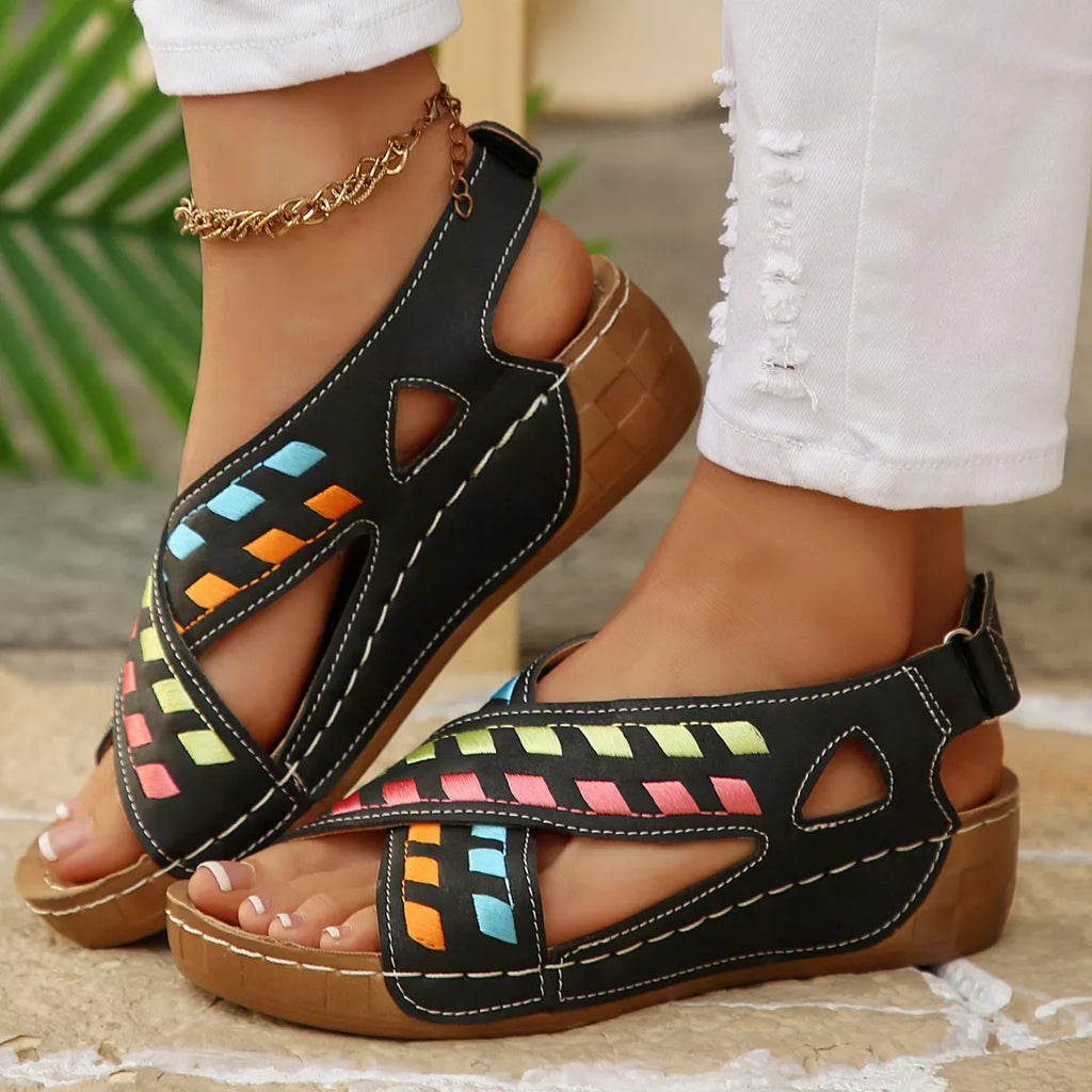 Open toe wedge sandals by Shopimist featuring a stylish design with a comfortable cork heel and adjustable ankle strap.