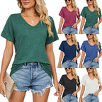 Women's V-neck pleated loose-fit T-shirt from FitiqueFit, featuring a casual summer style with a relaxed, airy fit and pleated design.