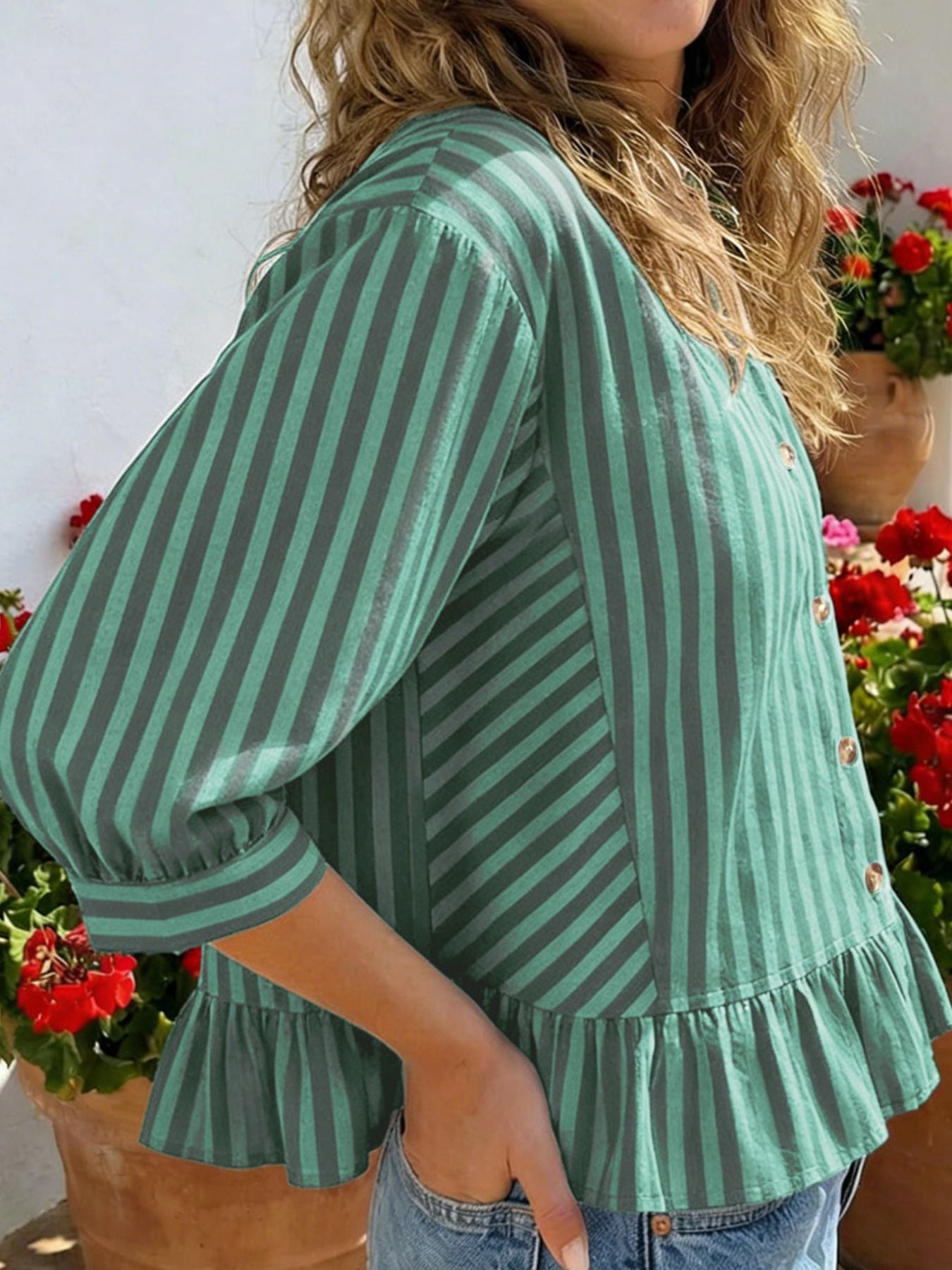 Women's striped button-down blouse with ruffled hem, lightweight viscose fabric, casual style, from Trendsi.