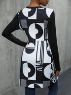 Trendsi Perfee geometric round neck long sleeve T-shirt in black with colorful geometric patterns, casual long-sleeve top for women.