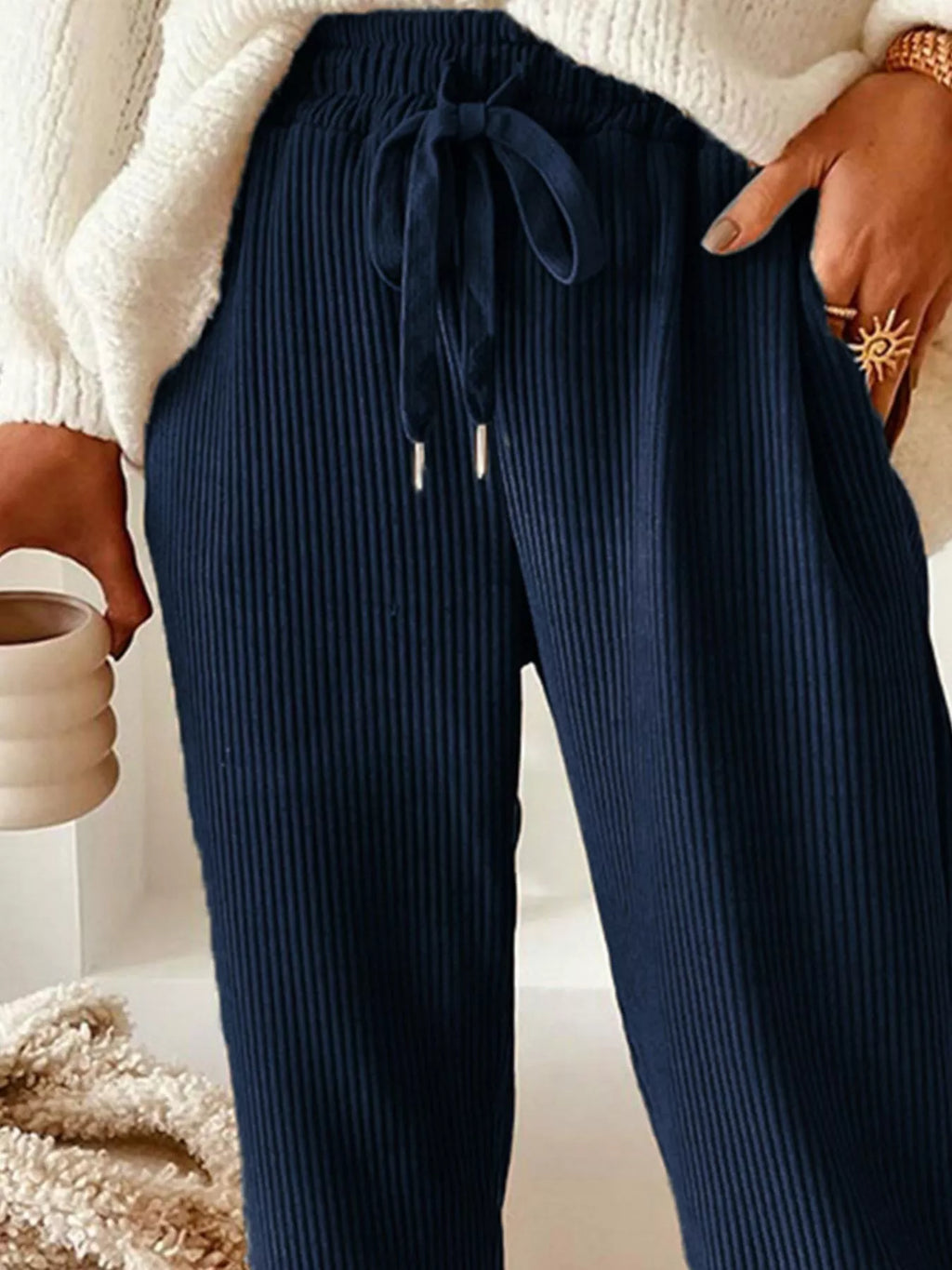 Casual corduroy drawstring waist pants by Simply Love, featuring a relaxed fit and soft textured fabric for everyday wear.