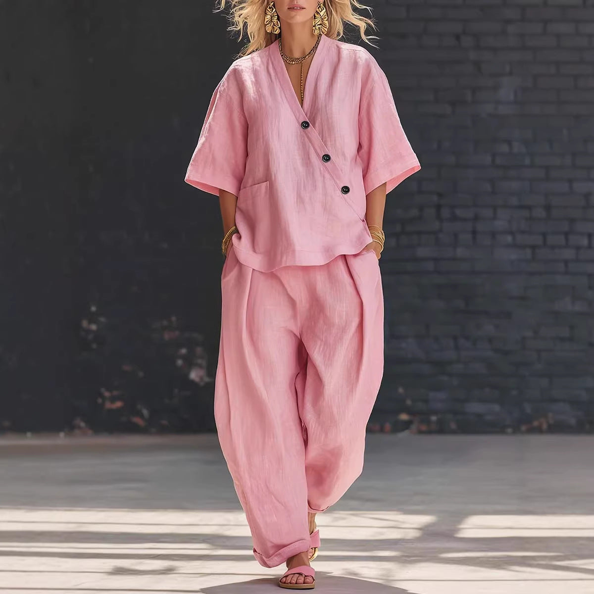 V-neck short sleeve top and high-waist trousers two-piece set from Plush Fashion Hub, stylish casual outfit on model.
