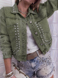 Women’s studded denim jacket by Plush Fashion Hub featuring a stylish blue denim design with metal stud accents.