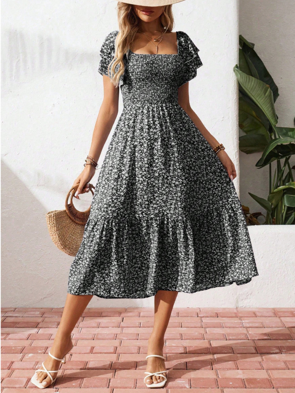 Floral print smocked ruffle sleeve midi dress from Trendsi, lightweight summer dress with flowy design and feminine floral details.