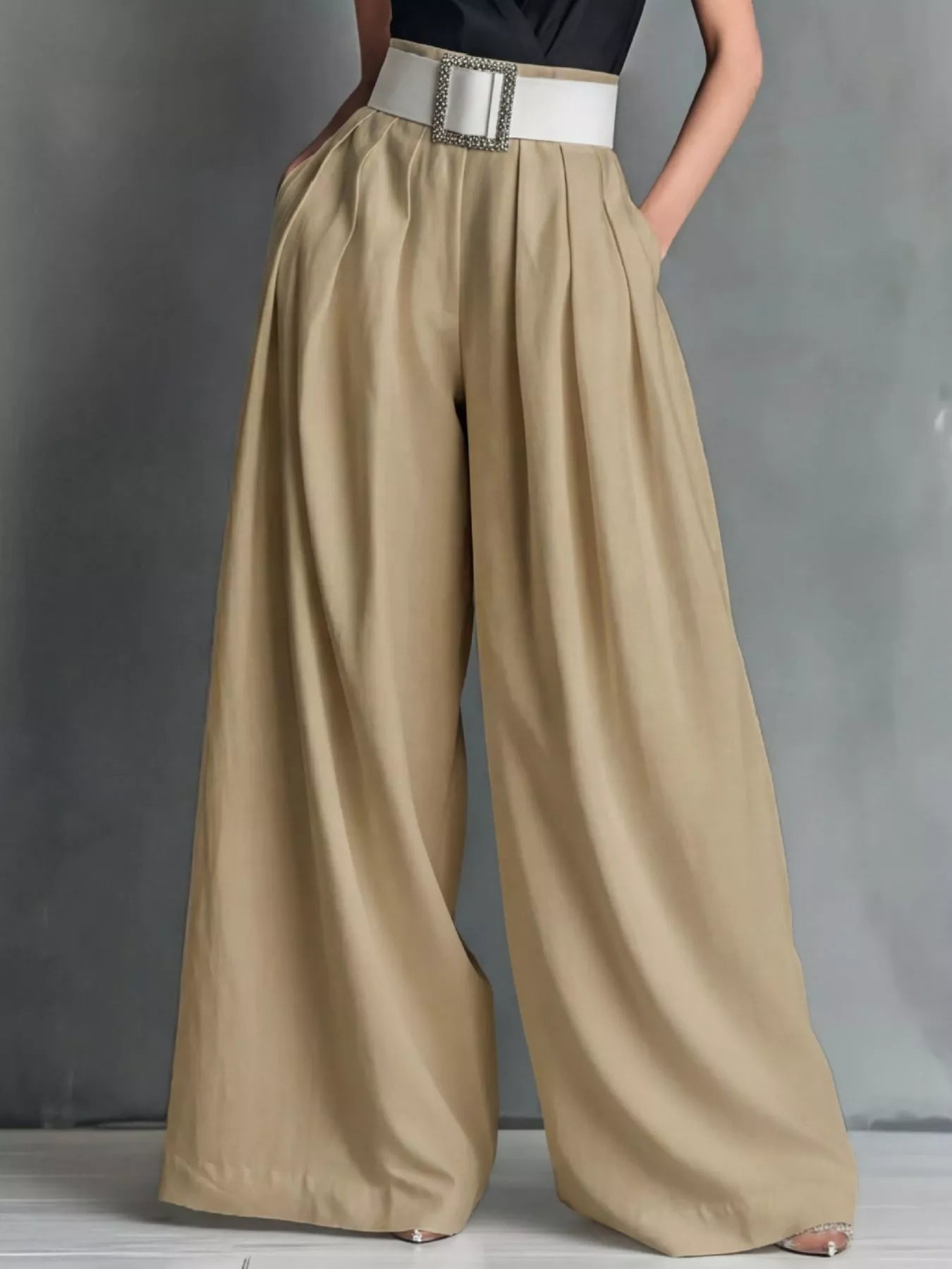 High-waisted wide-leg pants by Shopimist, featuring a relaxed fit and flowing fabric, displayed on a model against a neutral background.