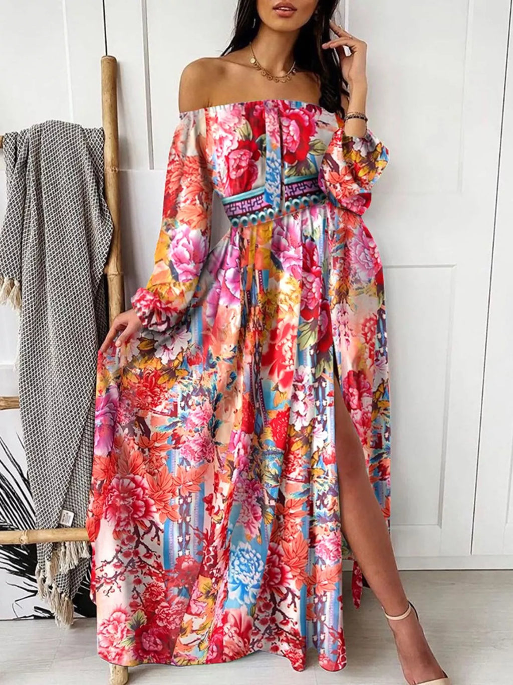 Printed off-shoulder maxi dress with a slit from Shopimist, featuring a flowing design and vibrant pattern.
