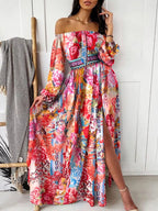 Printed off-shoulder maxi dress with a slit from Shopimist, featuring a flowing design and vibrant pattern.