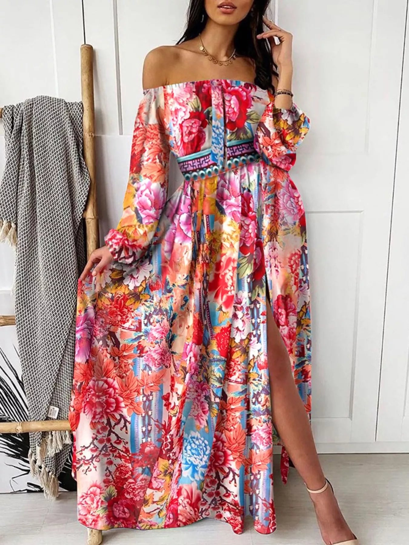 Printed off-shoulder maxi dress with a slit from Shopimist, featuring a flowing design and vibrant pattern.
