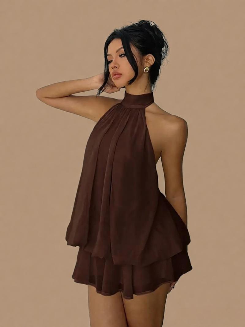 Women's chiffon halter mini dress with high waist and open back, plush fashion hub, A-line style, perfect for elegant occasions