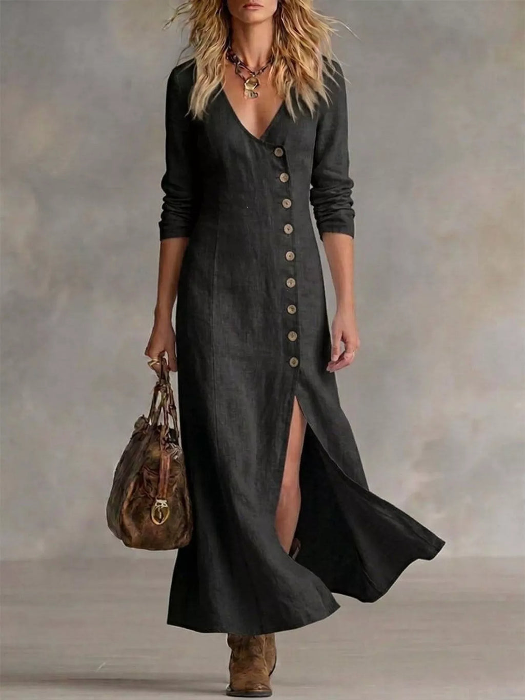 Plus size full-length maxi dress with button-front and slit detail by Shopimist, featuring a stylish, elegant design.