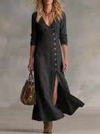 Plus size full-length maxi dress with button-front and slit detail by Shopimist, featuring a stylish, elegant design.