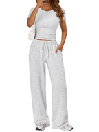 Women's round neck short sleeve T-shirt and drawstring lounge set, stylish 2-piece set by Trendsi, shown in soft fabric and relaxed fit.