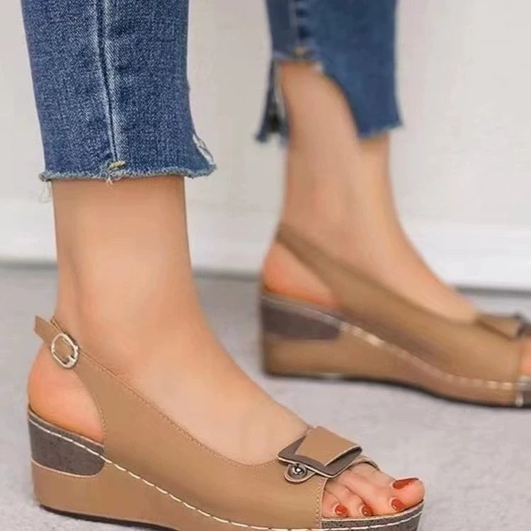 Women's comfortable peep toe wedge sandals by Trendsi featuring a mid-heel design and casual dress shoe style.