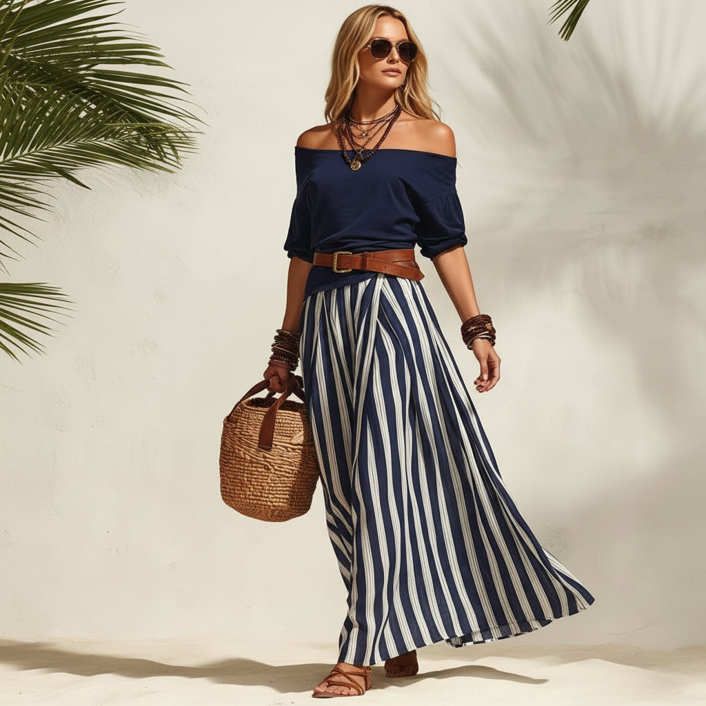 Women's off-shoulder top and slit maxi skirt set by Plush Fashion Hub, casualwear ensemble with a stylish, relaxed fit.