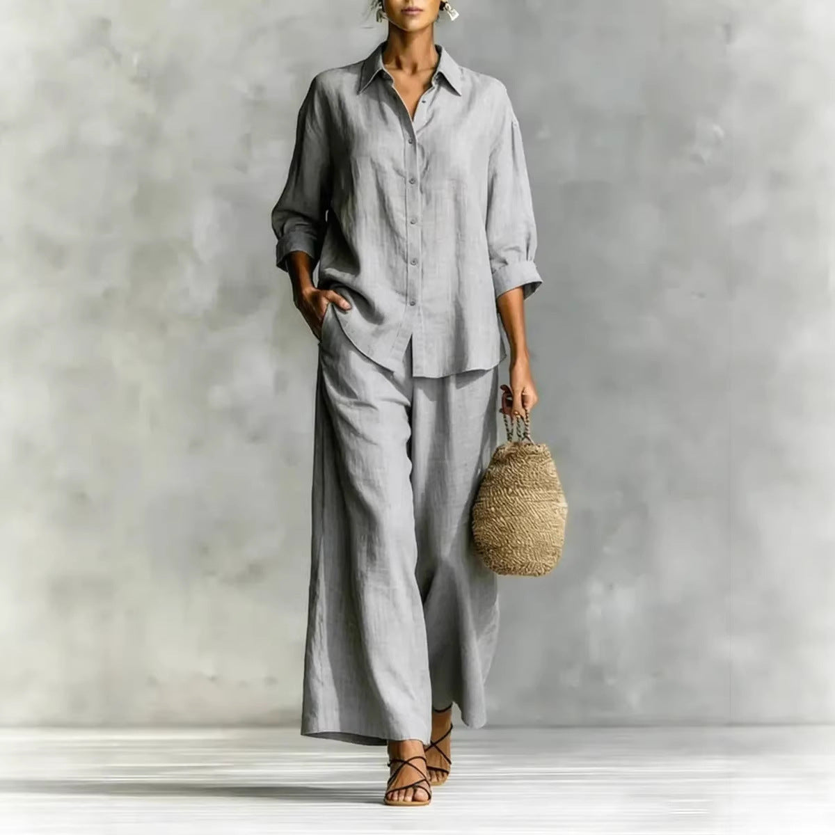 Casual cotton-linen shirt and wide-leg pants suit in multiple colors by FitiqueFit, featuring relaxed fit and breathable fabric.