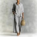 FitiqueFit cotton-linen shirt and wide-leg pants suit in multiple colors, casualwear outfit with relaxed fit and stylish design.