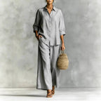 FitiqueFit cotton-linen shirt and wide-leg pants suit in multiple colors, casualwear outfit with relaxed fit and stylish design.